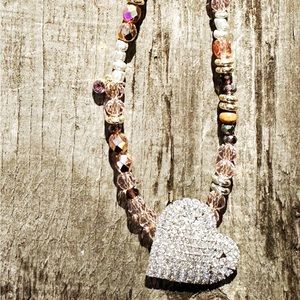 Rhinestone heart pendant, blush color mixed bead Necklace.